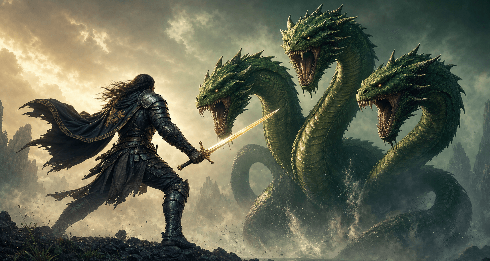 A warrior facing a green three-headed hydra